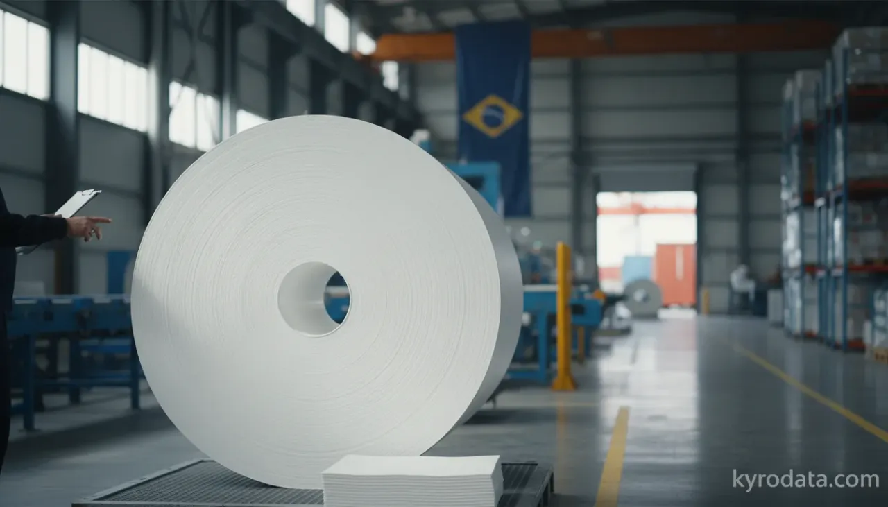 Ilustração editorial sobre exportação brasileira de Papel para fabricação de papel higiênico ou de toucador e artigos semelhantes; pasta de celulose e mantas de fibras de celulose com Reino Unido
