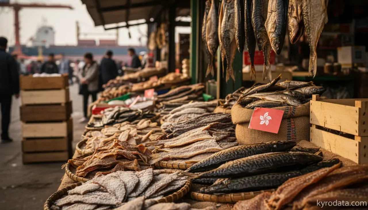 Ilustração editorial sobre exportação brasileira de Peixes secos, salgados ou em salmoura; peixes defumados, mesmo cozidos antes ou durante a defumação; farinhas, pós e pellets, de peixe, próprios para alimentação humana com Hong Kong