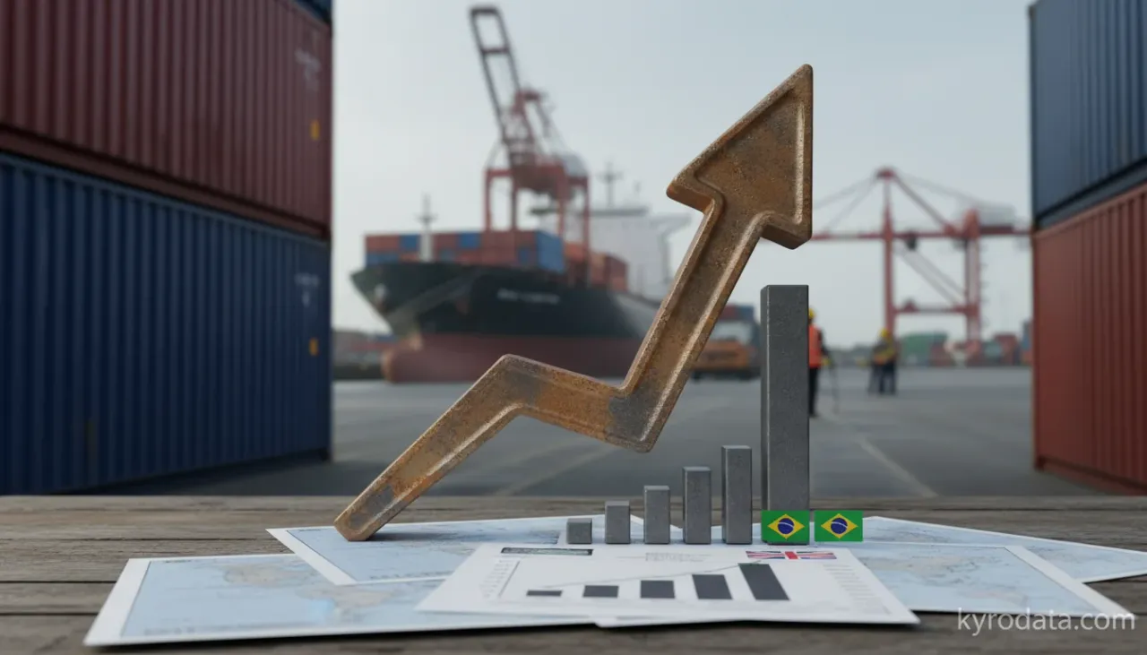 Ilustração editorial sobre exportação brasileira de Outras ligas de aço, em lingotes ou outras formas primárias; produtos semimanufacturados, de outras ligas de aço com Reino Unido