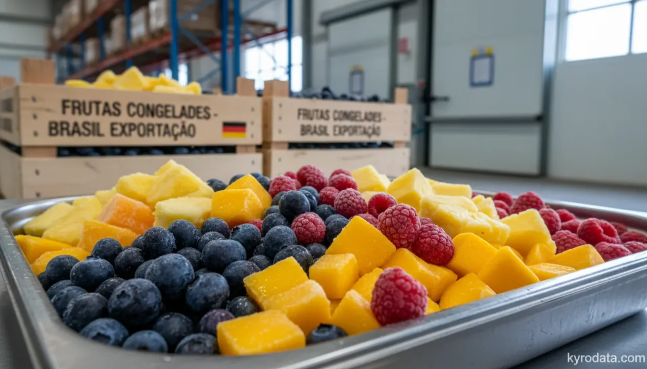 Ilustração editorial sobre exportação brasileira de Frutas, não cozidas ou cozidas em água ou vapor, congeladas, mesmo adicionadas de açúcar ou de outros edulcorantes com Alemanha