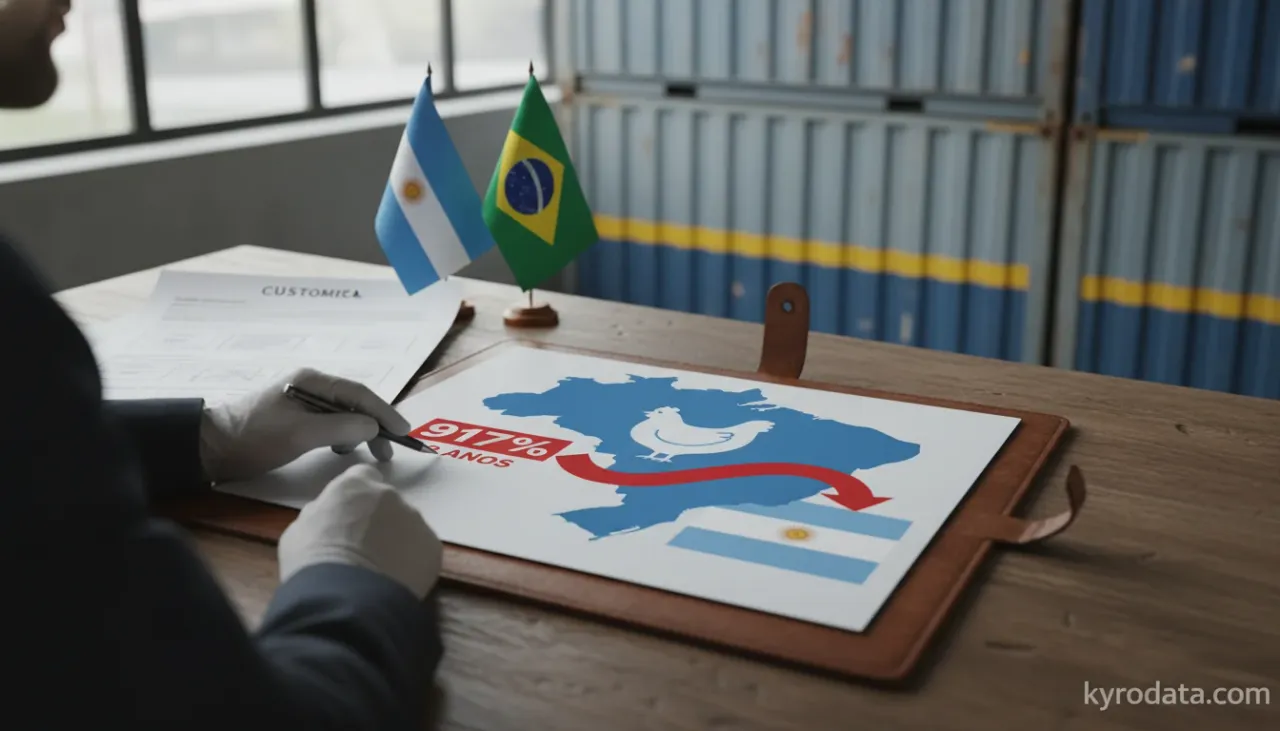 Ilustração editorial sobre exportação brasileira de Carnes e miudezas comestíveis, frescas, refrigeradas ou congeladas, das aves da posição 0105 com Argentina