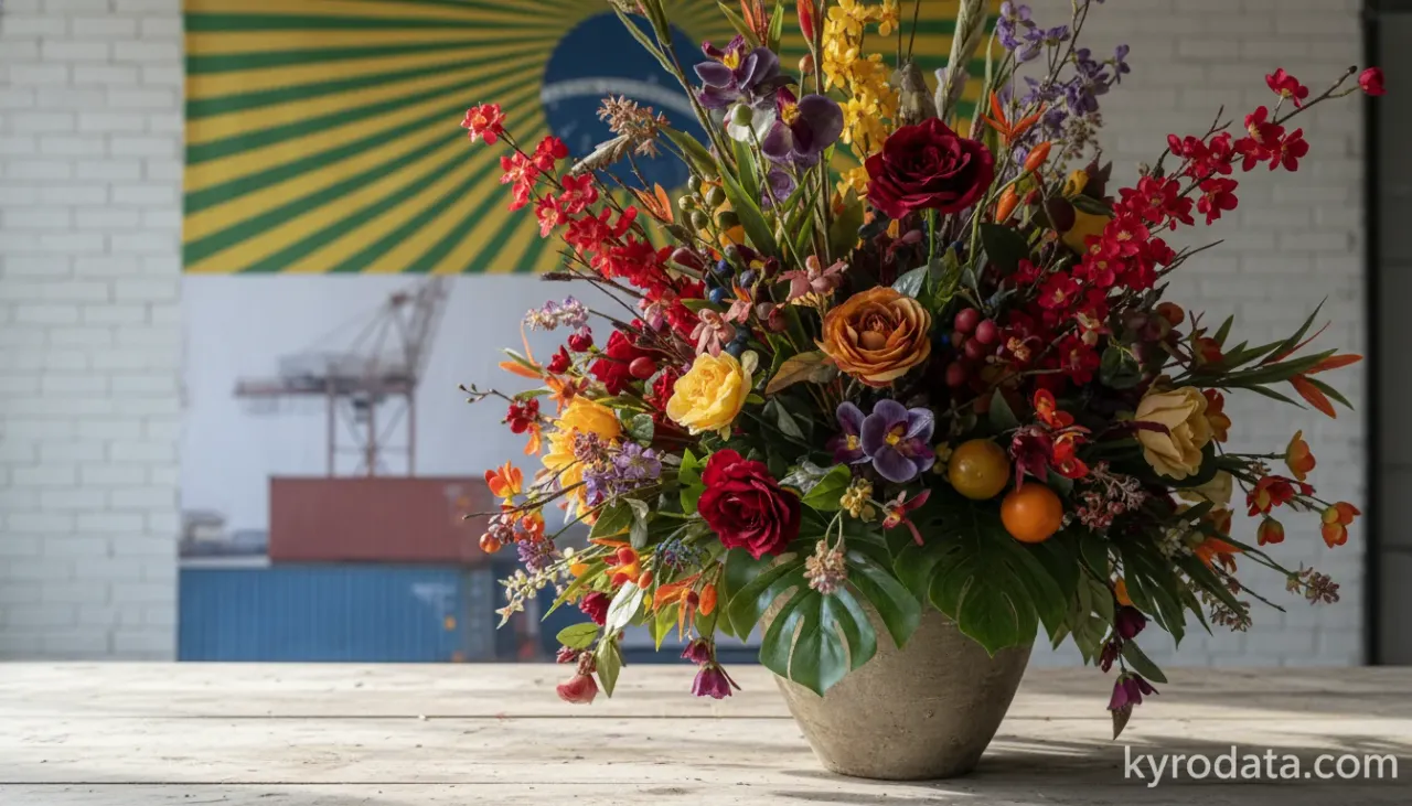 Ilustração editorial sobre importação brasileira de Flores, folhagem e frutos, artificiais, e suas partes; artefactos confeccionados com flores, folhagem e frutos, artificiais com China