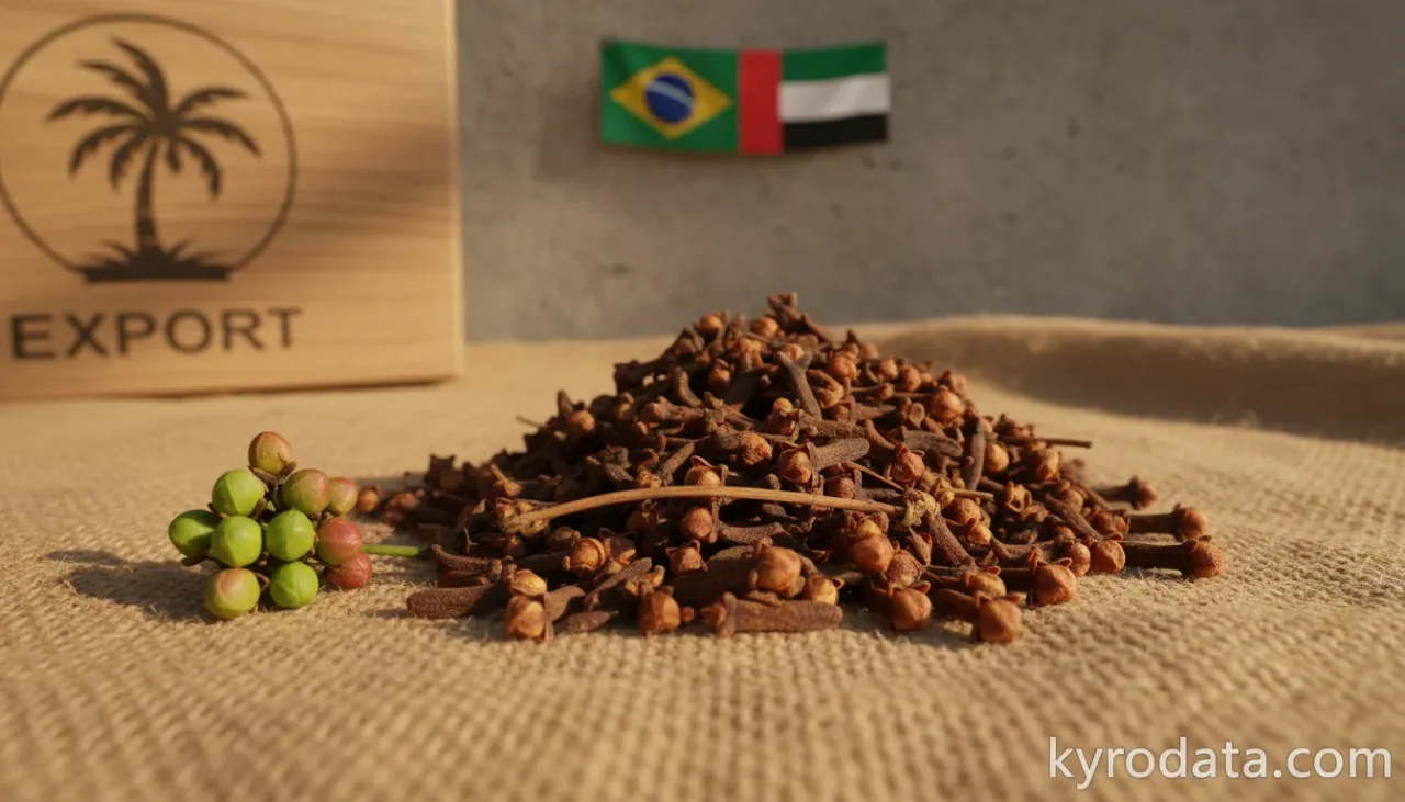 Ilustração editorial sobre exportação brasileira de Cravo-da-índia (frutos, flores e pedúnculos) com Emirados Árabes Unidos