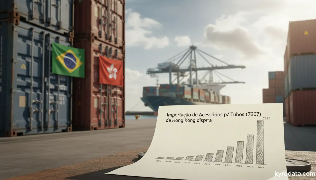 Ilustração editorial sobre importação brasileira de Acessórios para tubos [por exemplo: uniões, cotovelos, mangas (luvas)], de ferro fundido, ferro ou aço com Hong Kong