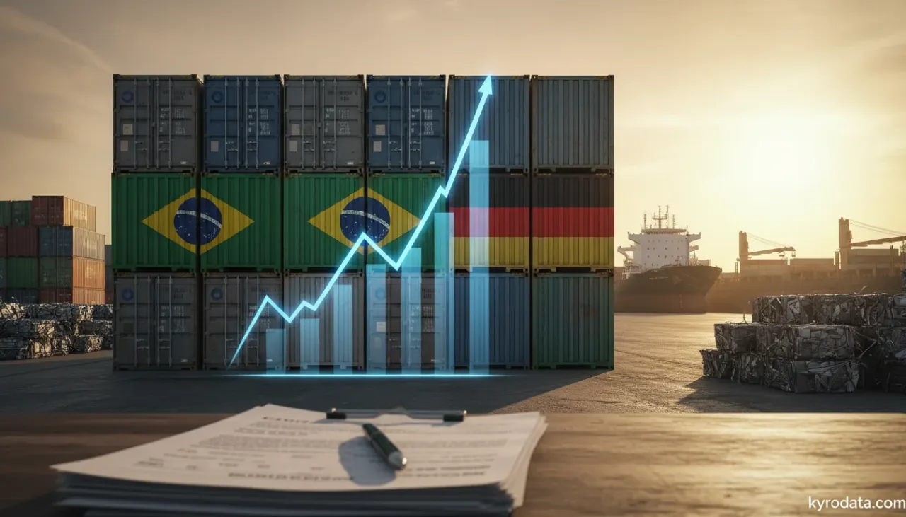 Ilustração editorial sobre importação brasileira de Desperdícios e resíduos, de alumínio com Alemanha
